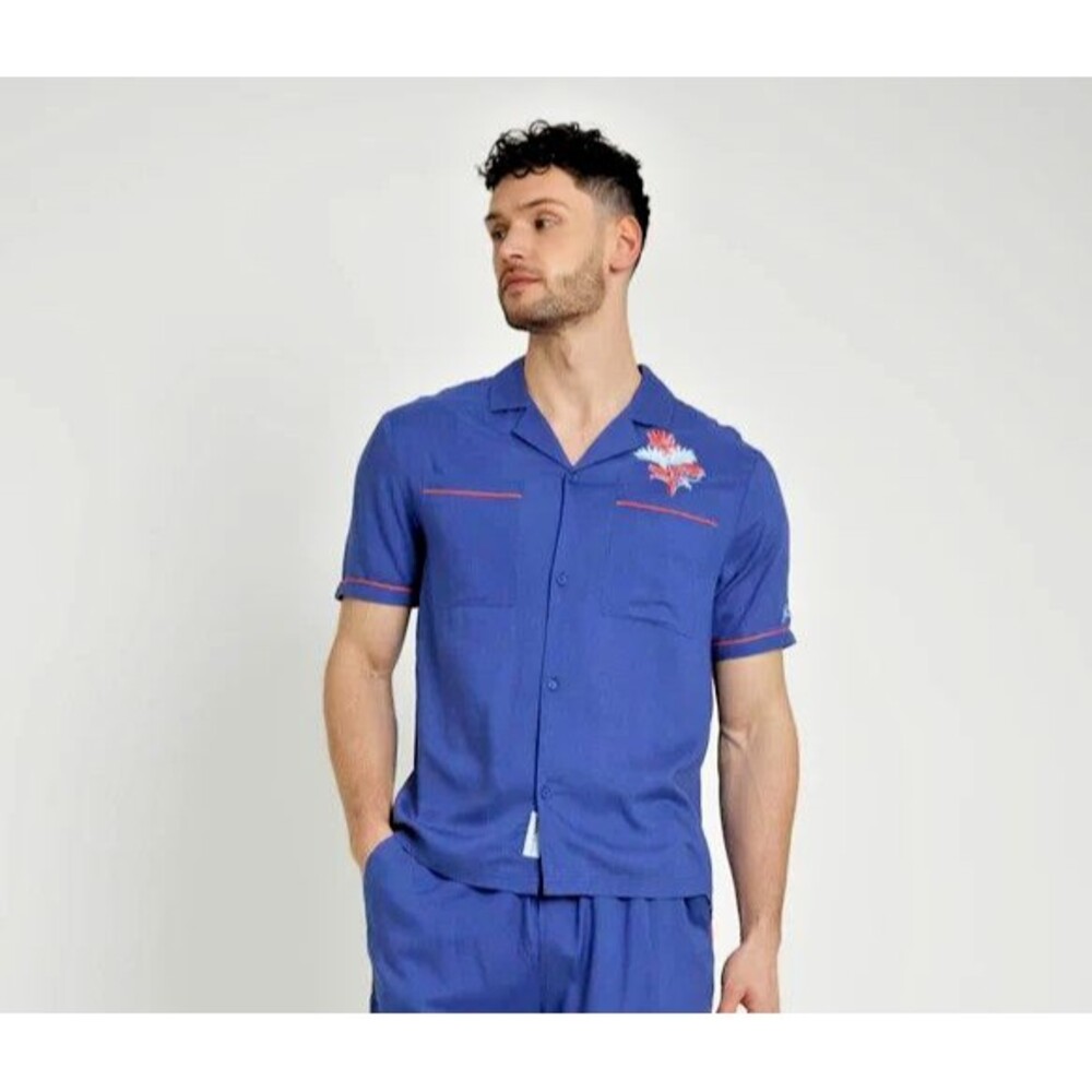 Native Youth Men's FARRAGO EMBROIDERED VISCOSE Button Front Shirt Blue L